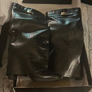 Black Croc-Embossed Knee-High Boots